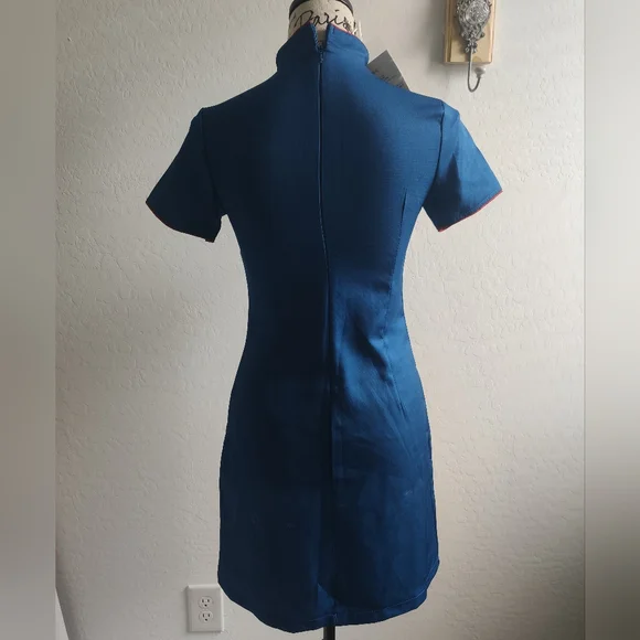 🆕 Authentic Chinese Blue & Red Qipao midi Dress Koi fish cherry blossom fans_Sm - Picture 6 of 11